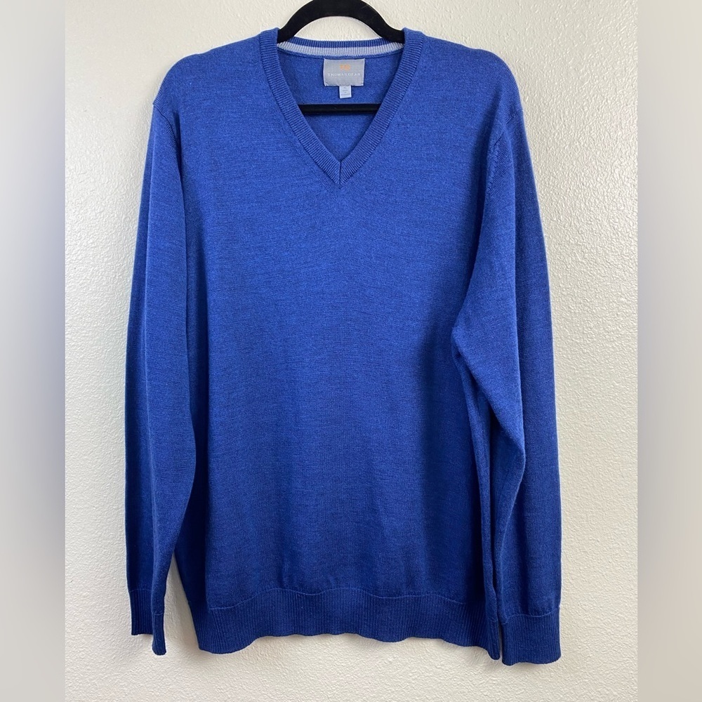Thomas Dean Extra Fine Merino Wool V-Neck Sweater Men’s XL Blue Fall Knit Winter